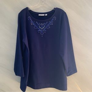 Susan Graver 1X Royal Blue Long Sleeve Top w/ Embellishments